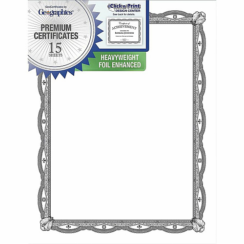 FranklinCovey Geographics Silver Foil Award Certificates 65 lb Basis Weight - 11" Width - Inkjet Compatible - Assorted, Silver - Foil - 15 / Pack (48762)