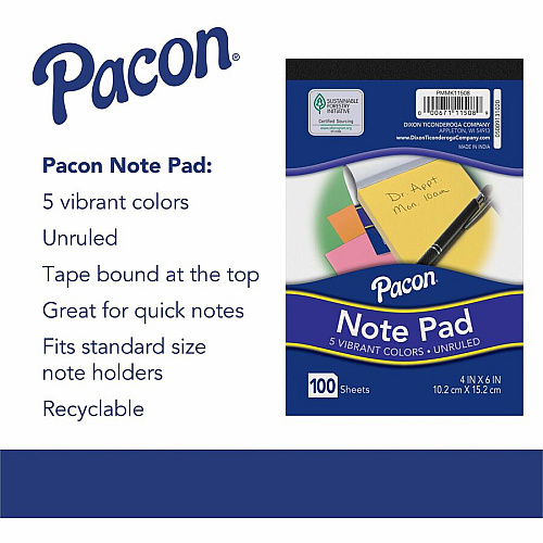 Pacon Note Pad 4" x 6" - Rectangle - 100 Sheets per Pad - Unruled - Assorted - Recyclable, Compact - 1 Each (PMMK11508)