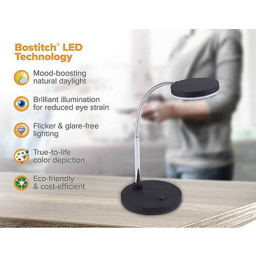 Bostitch Metal Gooseneck Desk Lamp, Black LED Bulb - Polished Metal - Gooseneck, Flicker-free, Glare-free Light, Adjustable Head, Flexible Neck, Adjustable Brightness, Eco-friendly - Metal - Desk Mountable, Table Top - Black - for Desk, Table (VLED1800BK)