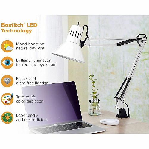 Bostitch Swing Arm Desk Lamp with Clamp, White 9 W LED Bulb - Swivel Arm, Flicker-free, Glare-free Light, Durable, Eco-friendly - 700 lm Lumens - Metal - Desk Mountable, Table Top - White - for Desk, Table, Home, Office, Studying, Crafting, Cl (VLF100WHT)