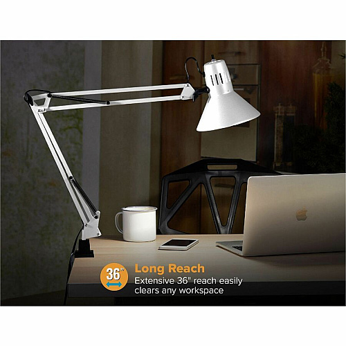 Bostitch Swing Arm Desk Lamp with Clamp, White 9 W LED Bulb - Swivel Arm, Flicker-free, Glare-free Light, Durable, Eco-friendly - 700 lm Lumens - Metal - Desk Mountable, Table Top - White - for Desk, Table, Home, Office, Studying, Crafting, Cl (VLF100WHT)