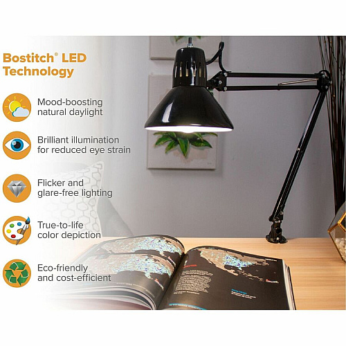 Bostitch Swing Arm Desk Lamp with Clamp, Black 9 W LED Bulb - Swivel Arm, Flicker-free, Glare-free Light, Durable, Eco-friendly - 700 lm Lumens - Metal - Desk Mountable - Black - for Desk, Office, Dorm, Classroom - 1 Each (VLF100)