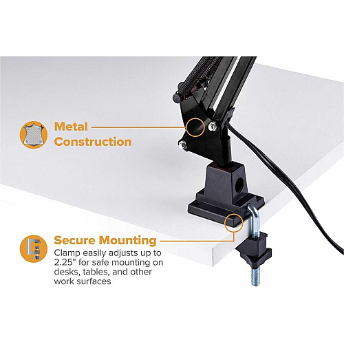 Bostitch Swing Arm Desk Lamp with Clamp, Black 9 W LED Bulb - Swivel Arm, Flicker-free, Glare-free Light, Durable, Eco-friendly - 700 lm Lumens - Metal - Desk Mountable - Black - for Desk, Office, Dorm, Classroom - 1 Each (VLF100)