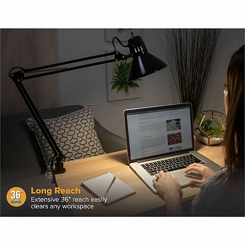 Bostitch Swing Arm Desk Lamp with Clamp, Black 9 W LED Bulb - Swivel Arm, Flicker-free, Glare-free Light, Durable, Eco-friendly - 700 lm Lumens - Metal - Desk Mountable - Black - for Desk, Office, Dorm, Classroom - 1 Each (VLF100)