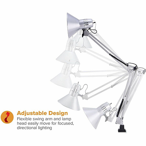 Bostitch Swing Arm Desk Lamp with Clamp, Silver 36" Height - 9 W LED Bulb - Adjustable Arm, Durable, Flicker-free, Glare-free Light, Flexible Arm - 700 lm Lumens - Metal - Desk Mountable, Surface Mount - Silver - for Office, Classroom, Dorm, H (VLF100SLV)