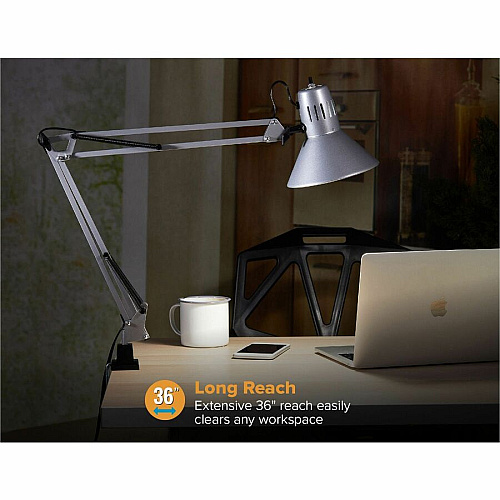 Bostitch Swing Arm Desk Lamp with Clamp, Silver 36" Height - 9 W LED Bulb - Adjustable Arm, Durable, Flicker-free, Glare-free Light, Flexible Arm - 700 lm Lumens - Metal - Desk Mountable, Surface Mount - Silver - for Office, Classroom, Dorm, H (VLF100SLV)