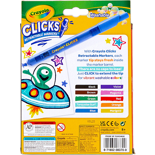 Crayola Marker 4 mm Chisel, Conical Marker Point - Retractable - Washable - Assorted Ink - Water Based - Assorted Plastic Barrel - 10 / Pack (588370)