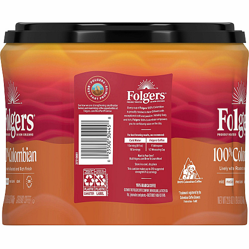 Folgers&reg; Ground 100% Colombian Coffee Medium - 22.6 oz Per Canister - Ground - Columbian, Arabica - 1 Each (30445)