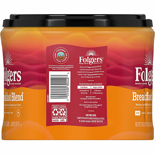 Folgers&reg; Ground Breakfast Blend Coffee Mild - 22.6 oz Per Canister - Ground - Breakfast Blend - 1 Each (30440)