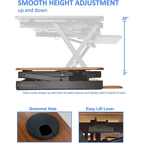 Rocelco DADRT- 46 Sit Stand Desk Riser 20" Height x 46" Width - Desk - Teak - For Monitor, Notebook, Keyboard - Sit-stand, Ergonomic, Keyboard Tray, Grommet, Cable Management, Retractable (RDADRT46)