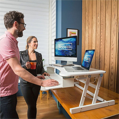 Rocelco DADR 37.4" Deluxe Adjustable Desk Riser 17" Height x 37" Width - Desk - White - For Monitor, Notebook, Office, Workstation, Medical, Home Office, Student, Keyboard - Sit-stand, Sturdy, Ergonomic, Keyboard Tray, Grommet, Cable Management,  (RDADRW)