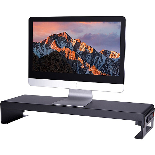 Rocelco Dual Monitor Stand AC-USB 4.75" Height x 30" Width x 9" Depth - Black - For Monitor, Keyboard, Mouse - Cable Management, Electrical Outlet, USB Charging Port, Comfortable, Ergonomic (RDMS)