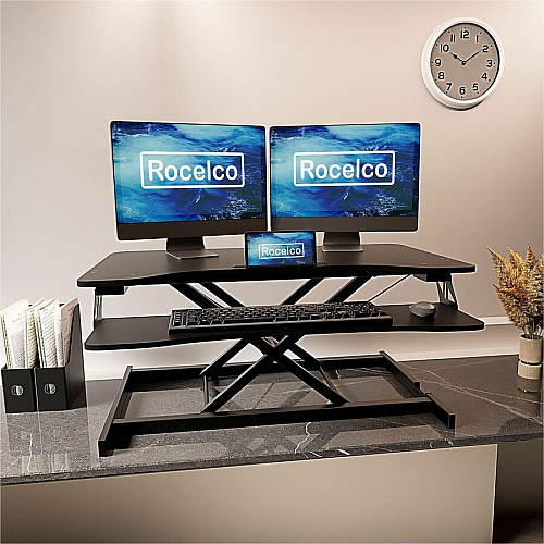 Rocelco VADR 31.5" Hi-Lift Adjustable Desk Riser 30 lb Load Capacity - 19.70" Height x 31.50" Width x 17.25" Depth - Desk - Black - For Monitor, Keyboard, Tablet, Smartphone - Grommet, Keyboard Tray, Handle, Portable, Adjustable, Sit-stand - 1 Ea (RVADRB)