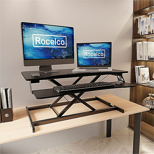 Rocelco VADR 31.5" Hi-Lift Adjustable Desk Riser 30 lb Load Capacity - 19.70" Height x 31.50" Width x 17.25" Depth - Desk - Black - For Monitor, Keyboard, Tablet, Smartphone - Grommet, Keyboard Tray, Handle, Portable, Adjustable, Sit-stand - 1 Ea (RVADRB)