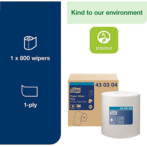 Tork&reg; Paper Wiper Plus Roll, 1 Ply, White, 800 Sheets 1 Ply - 800 Sheets/Roll - 12.25" Roll Diameter - 3" Core - White - 1 / Carton (430304)