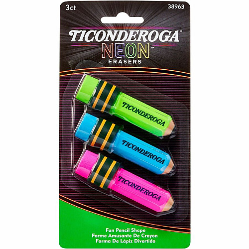 Ticonderoga Pencil-Shaped Erasers Neon Assorted - Assorted Barrel - Pencil - 3 / Pack - Latex-free, Non-toxic, Smudge-free (X38963)