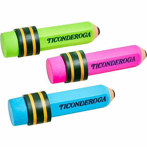 Ticonderoga Pencil-Shaped Erasers Neon Assorted - Assorted Barrel - Pencil - 3 / Pack - Latex-free, Non-toxic, Smudge-free (X38963)