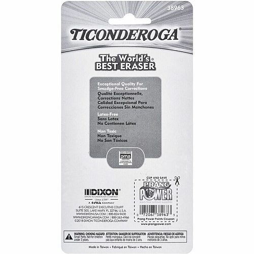 Ticonderoga Pencil-Shaped Erasers Neon Assorted - Assorted Barrel - Pencil - 3 / Pack - Latex-free, Non-toxic, Smudge-free (X38963)