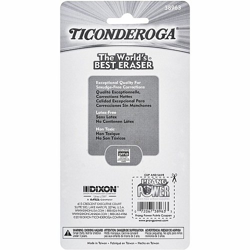 Ticonderoga Pencil-Shaped Erasers Neon Assorted - Assorted Barrel - Pencil - 3 / Pack - Latex-free, Non-toxic, Smudge-free (X38963)
