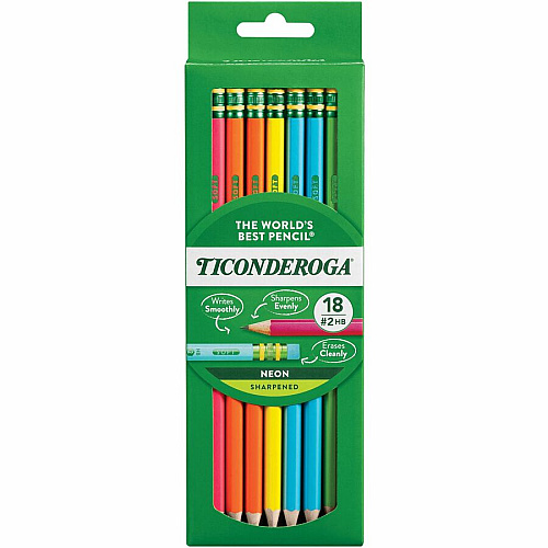 Ticonderoga Neon Pre-Sharpened No. 2 Pencils Black, Assorted Neon Lead - #2 - Broad Point - Neon Barrel - 18 / Box (X13018)