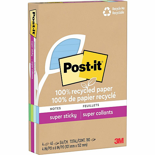 Post-it&reg; Super Sticky Adhesive Note 180 - 4" Flag/Note Width x 6" Flag/Note Length - 45 Sheets per Pad - Assorted Oasis - Removable, Repositionable, Recyclable - Recycled - 4 / Pack (4621R4SST)