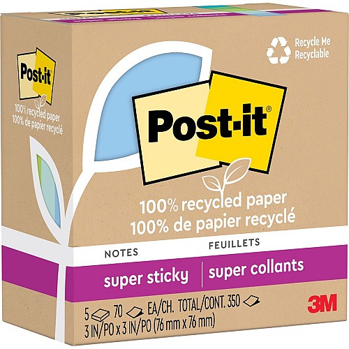 Post-it&reg; Super Sticky Adhesive Note 350 - 3" Flag/Note Width x 3" Flag/Note Length - Square - 70 Sheets per Pad - Assorted Oasis - Removable, Repositionable, Recyclable - Recycled - 5 / Pack (654R5SST)