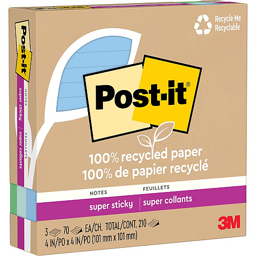 Post-it&reg; Super Sticky Adhesive Note 210 - 4" Flag/Note Width x 4" Flag/Note Length - Square - 70 Sheets per Pad - Ruled - Assorted Oasis - Removable, Repositionable, Recyclable - Recycled - 3 / Pack (675R3SST)