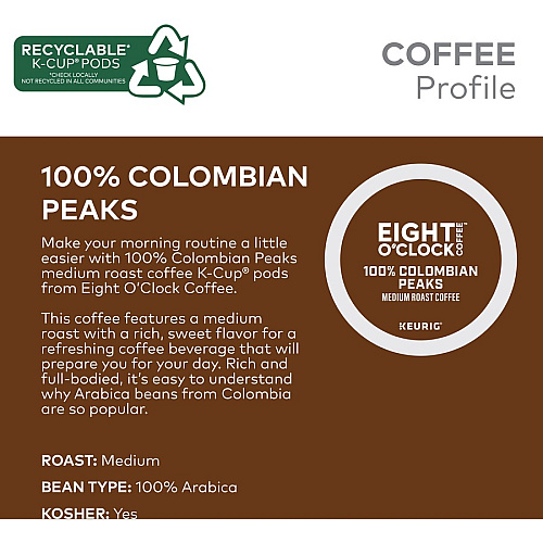 Eight O'Clock&reg; K-Cup Colombian Peaks Coffee Compatible with Keurig Brewer - Medium - K-Cup - Colombian, Arabica - 24 / Box (0632)