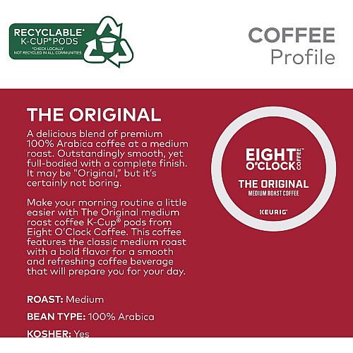Eight O'Clock&reg; K-Cup Original Coffee Compatible with Keurig Brewer - Medium - K-Cup - Original, Arabica - 24 / Box (0657)