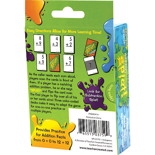 Teacher Created Resources Math Splat Addition Game 225 Card(s) - Learning - Educational - 2 to 6 Players - 1 Each (EP63759)