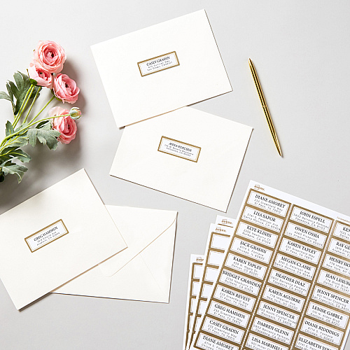 Avery&reg; Permanent Address Labels 1" Width x 2 5/8" Length - Permanent Adhesive - Rectangle - Inkjet, Laser - Matte - White - Metallic Gold Border - Paper - Permanent Adhesive, Curl Resistant, Stick & Stay, Pop Up Edge, Tear Proof, Pre-printed, E (6540)