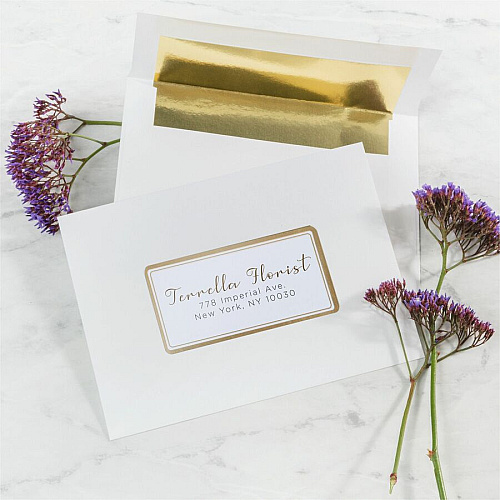 Avery&reg; Labels with Metallic Gold Borders, 2" x 4" , 100 2" Width x 4" Length - Permanent Adhesive - Rectangle - Inkjet, Laser - Matte - White - Metallic Gold Border - Paper - Peel-off, Curl Resistant, Stick & Stay, Pop Up Edge, Tear Proof, Long (6541)