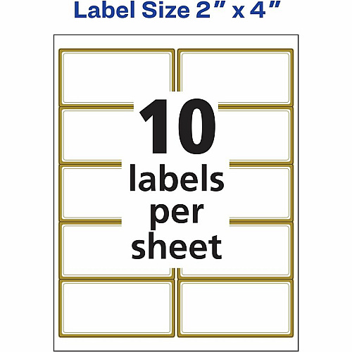 Avery&reg; Labels with Metallic Gold Borders, 2" x 4" , 100 2" Width x 4" Length - Permanent Adhesive - Rectangle - Inkjet, Laser - Matte - White - Metallic Gold Border - Paper - Peel-off, Curl Resistant, Stick & Stay, Pop Up Edge, Tear Proof, Long (6541)