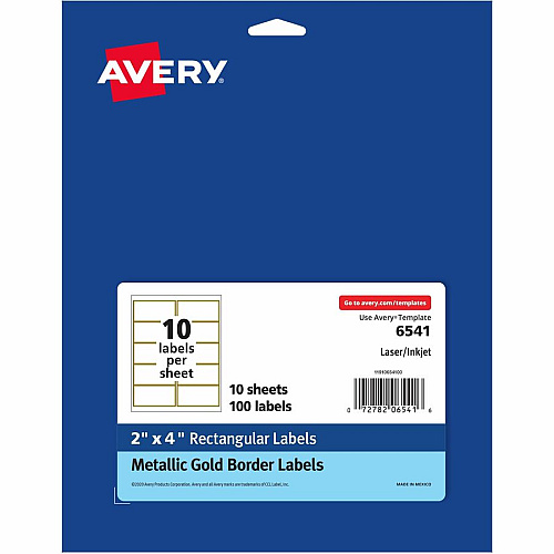 Avery&reg; Labels with Metallic Gold Borders, 2" x 4" , 100 2" Width x 4" Length - Permanent Adhesive - Rectangle - Inkjet, Laser - Matte - White - Metallic Gold Border - Paper - Peel-off, Curl Resistant, Stick & Stay, Pop Up Edge, Tear Proof, Long (6541)