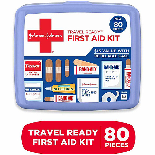 Johnson & Johnson Travel Ready First Aid Kit 80 x Piece(s) - 5.5" Height x 6.3" Width x 1.7" Depth - Plastic Case - Blue - 1 Each (202068)