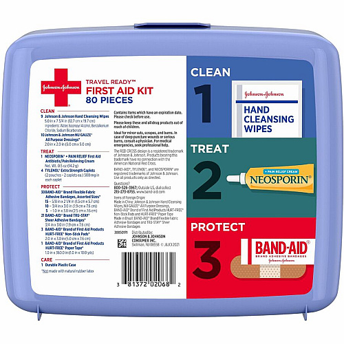 Johnson & Johnson Travel Ready First Aid Kit 80 x Piece(s) - 5.5" Height x 6.3" Width x 1.7" Depth - Plastic Case - Blue - 1 Each (202068)