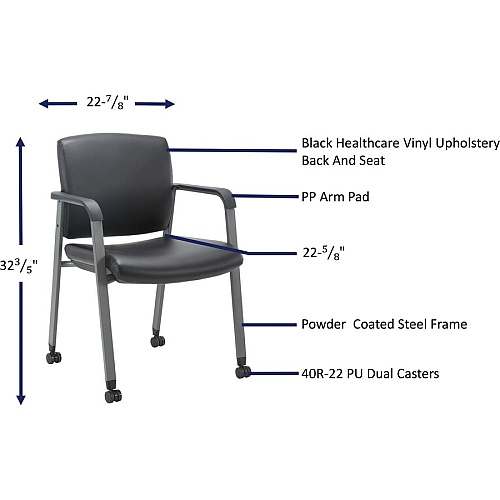 Lorell Healthcare Upholstery Guest Chair with Casters Vinyl Seat Material - Vinyl Back Material - Steel Frame Material - Square Base - Black - Armrest - 1 Each (LLR30951)