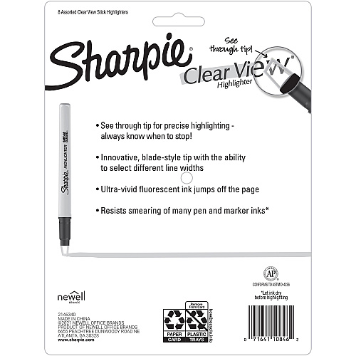 Sharpie Clear View Highlighter Fine Chisel Marker Point - Yellow, Pink, Orange, Coral, Blue, Purple, Fluorescent Green Ink - 8 / Pack (2128218)