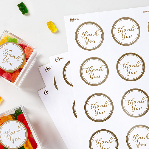 Avery&reg; Easy Peel Round Labels 2" Diameter - Permanent Adhesive - Round - Inkjet, Laser - White, Metallic Gold - Paper - Peel-off, Curl Resistant, Stick & Stay, Pop Up Edge, Tear Proof - 12 / Sheet - 120 / Pack (22876)