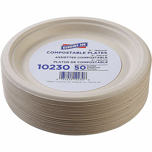 Genuine Joe 9" Compostable Plates Breakroom, Office - Disposable - 9" Diameter - White, Natural - Sugarcane Body - 50 / Pack (GJO10230)