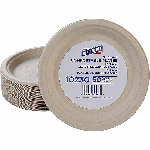 Genuine Joe 9" Compostable Plates Breakroom, Office - Disposable - 9" Diameter - White, Natural - Sugarcane Body - 50/Pack - 10 / Carton (GJO10230CT)