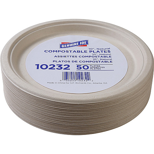 Genuine Joe 10" Compostable Plates Breakroom, Office - Disposable - 10" Diameter - White, Natural - Sugarcane Body - 50/Pack - 10 / Carton (GJO10232CT)