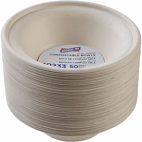 Genuine Joe 12 oz Compostable Bowls Breakroom, Office - Disposable - White, Natural - Sugarcane Body - 50 / Pack (GJO10233)