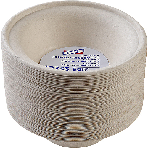 Genuine Joe 12 oz Compostable Bowls Breakroom, Office - Disposable - White, Natural - Sugarcane Body - 50/Pack - 20 / Carton (GJO10233CT)