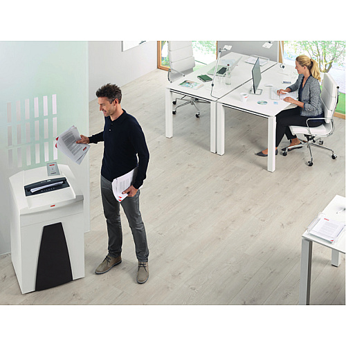 HSM SECURIO B26 - 1/16" x 5/8" Continuous Shredder - Particle Cut - 11 Per Pass - for shredding Paper, Paper Clip, Staples, Credit Card - 0.063" x 0.625" Shred Size - P-5/T-5/E-4/F-2 - 12.20" Throat - 14.50 gal Wastebin Capacity - White - 1 Each (1802113)