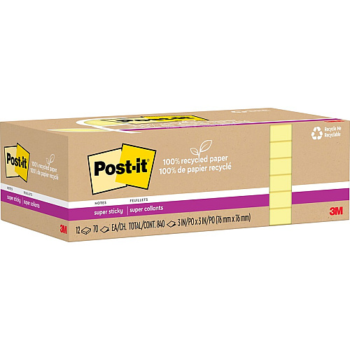 Post-it&reg; Recycled Super Sticky Notes 70 - 3" Flag/Note Width x 3" Flag/Note Length - Square - 70 Sheets per Pad - Canary Yellow - Adhesive - Recycled - 12 / Pack (654R12SSCY)