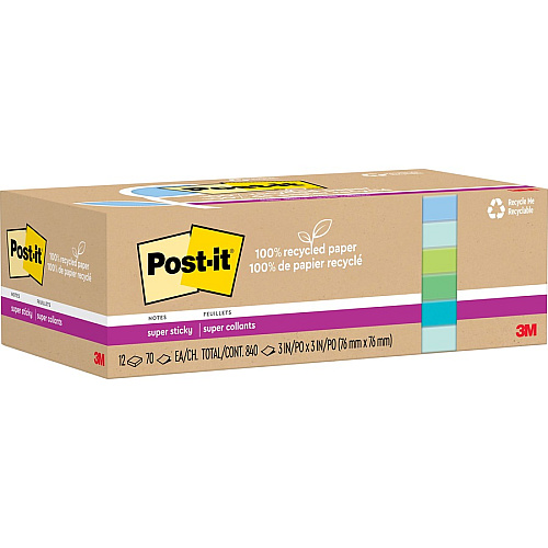 Post-it&reg; Recycled Super Sticky Notes 70 - 3" Flag/Note Width x 3" Flag/Note Length - Square - 70 Sheets per Pad - Assorted Oasis - Adhesive - Recycled - 12 / Pack (654R12SST)