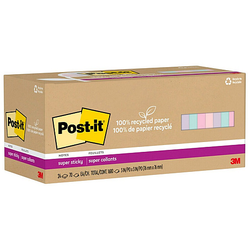 Post-it&reg; Recycled Super Sticky Notes 70 - 3" Flag/Note Width x 3" Flag/Note Length - Square - 70 Sheets per Pad - Wanderlust Pastels - Adhesive - Recycled - 24 / Pack (654R24SSNRP)