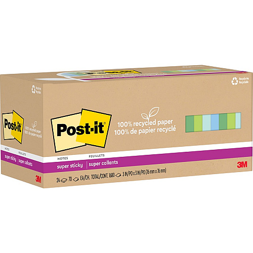 Post-it&reg; Recycled Super Sticky Notes 70 - 3" Flag/Note Width x 3" Flag/Note Length - Square - 70 Sheets per Pad - Unruled - Assorted Oasis - Paper - Adhesive - Recycled - 24 / Pack (654R24SSTCP)
