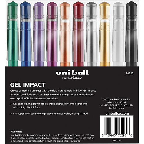 uni-ball uniball&trade; Gel Impact Metallic Ink Pen 1 mm Bold Pen Point - Assorted Ink - Gel-based - 10 / Pack (70295)